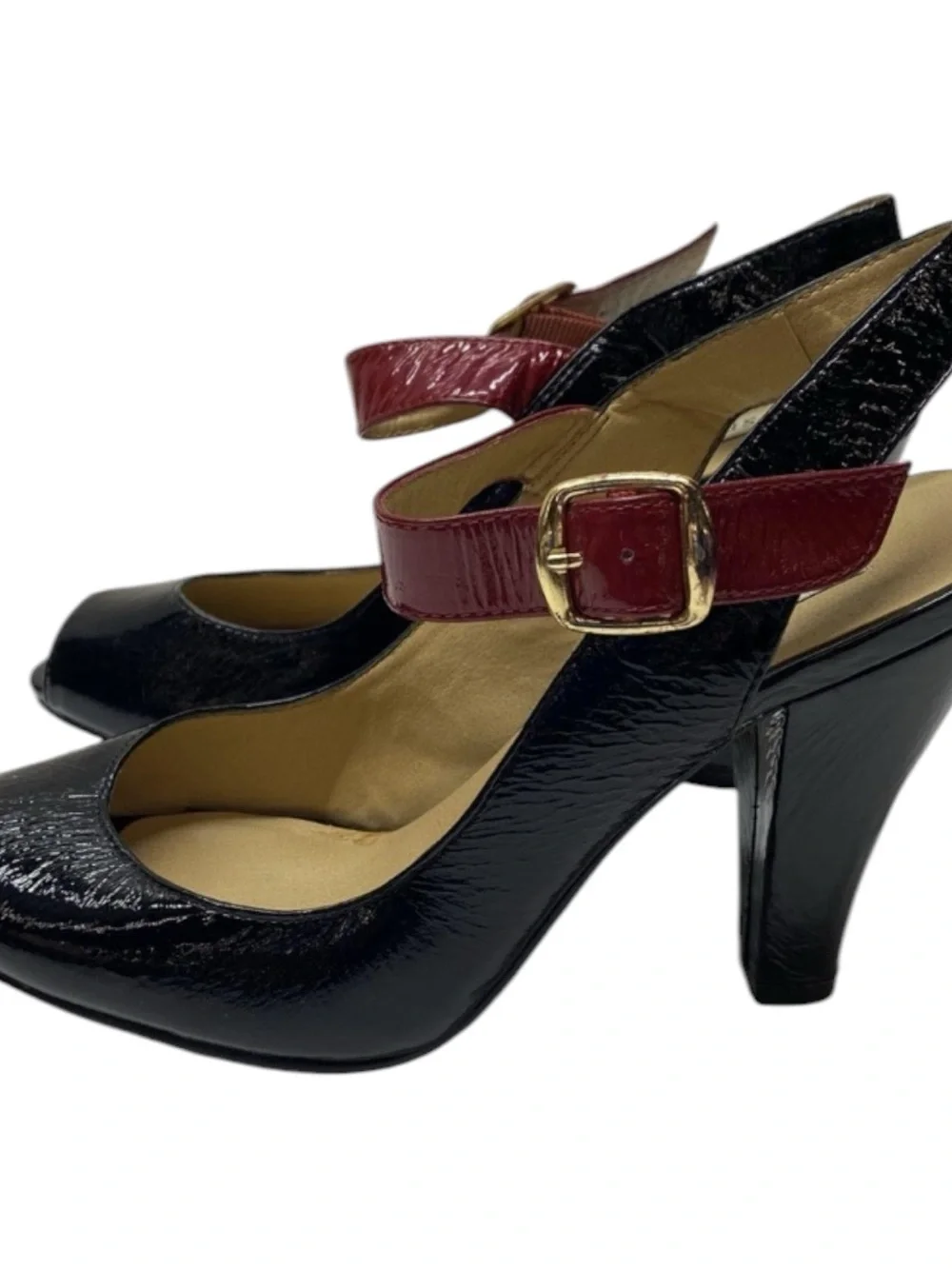Steve Madden Black Patent Peep-Toe Heels with Burgundy Strap